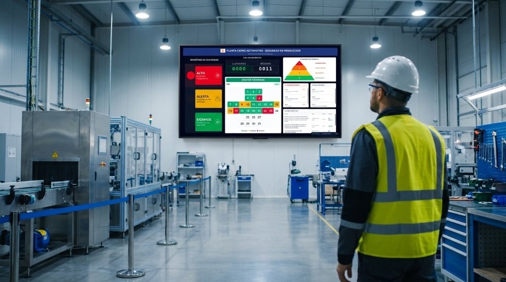 Pantalla Smart TV transmitiendo Watch Safeguard en nave industrial